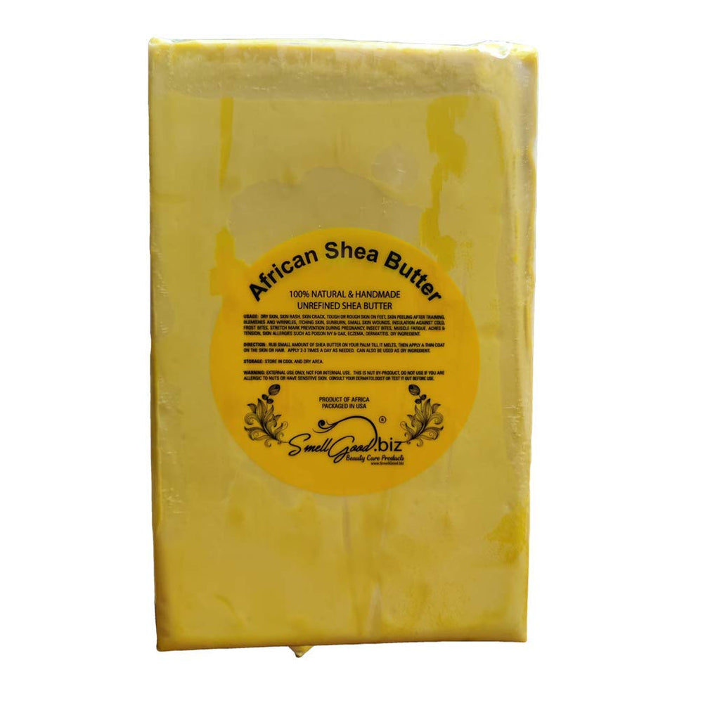 SmellGood Beurre de Karité brut jaune en bocal, hydratation naturelle pour la peau.
