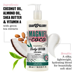Close-up of creamy lotion texture enriched with almond oil and shea butter.