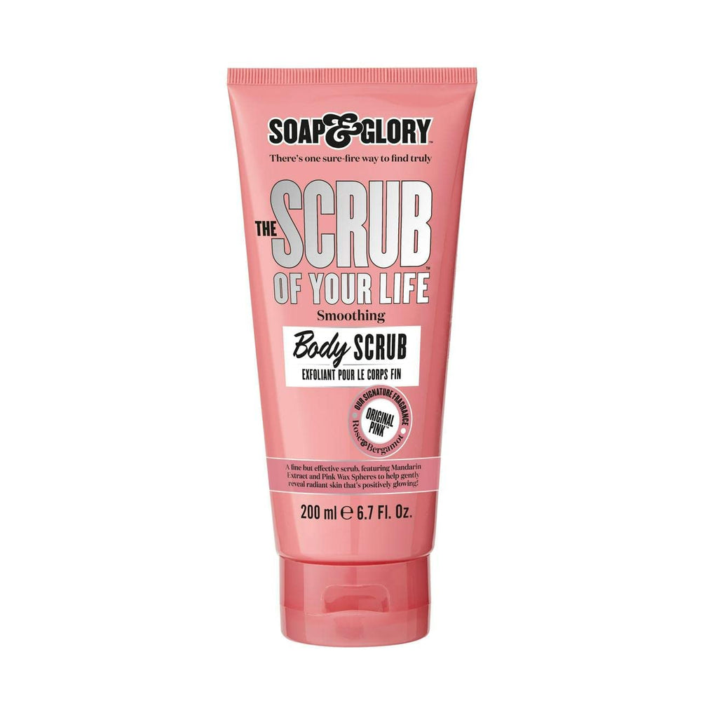 Soap & Glory Original Pink exfoliante corporal, frasco; piel suave lista para hidratar.