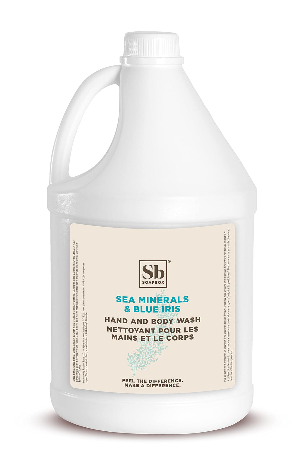 Soapbox jabón líquido para manos y cuerpo con minerales marinos e iris azul en botella.
