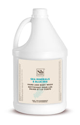 Soapbox jabón líquido para manos y cuerpo con minerales marinos e iris azul en botella.
