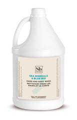 Soapbox jabón líquido para manos y cuerpo con minerales marinos e iris azul en botella.