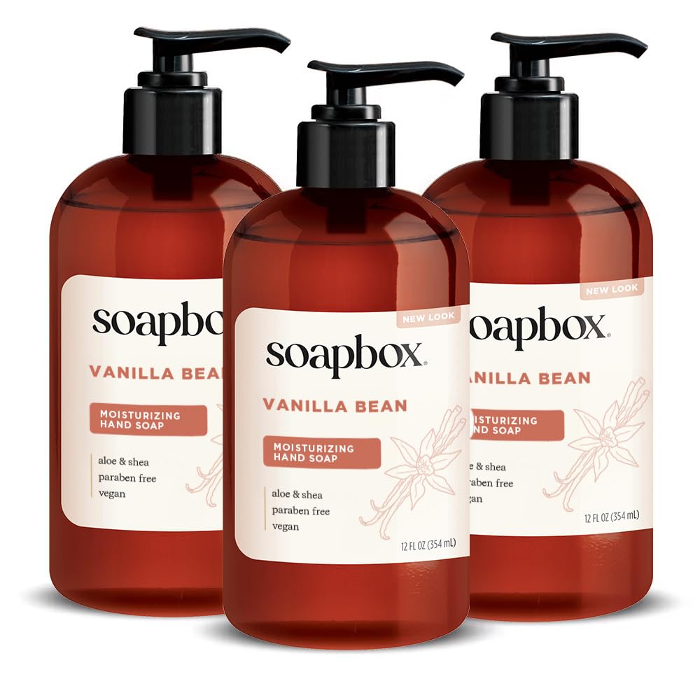 Soapbox jabón líquido para manos vainilla y lirio, botella con dispensador para uso diario.
