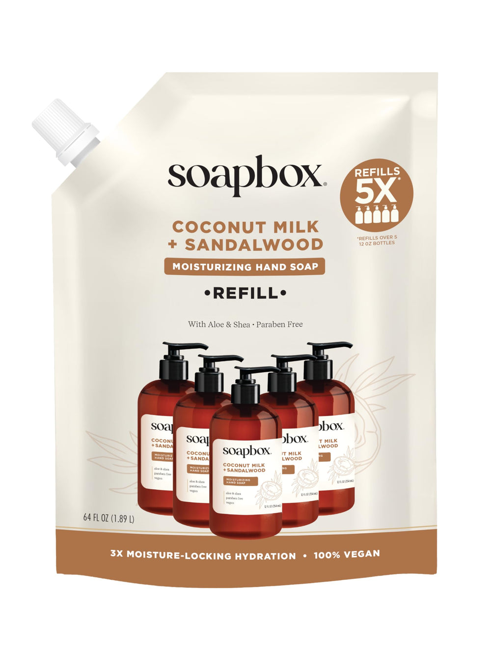 Soapbox recarga de jabón de manos con leche de coco y sándalo para uso diario.