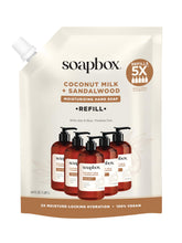 Soapbox recarga de jabón de manos con leche de coco y sándalo para uso diario.