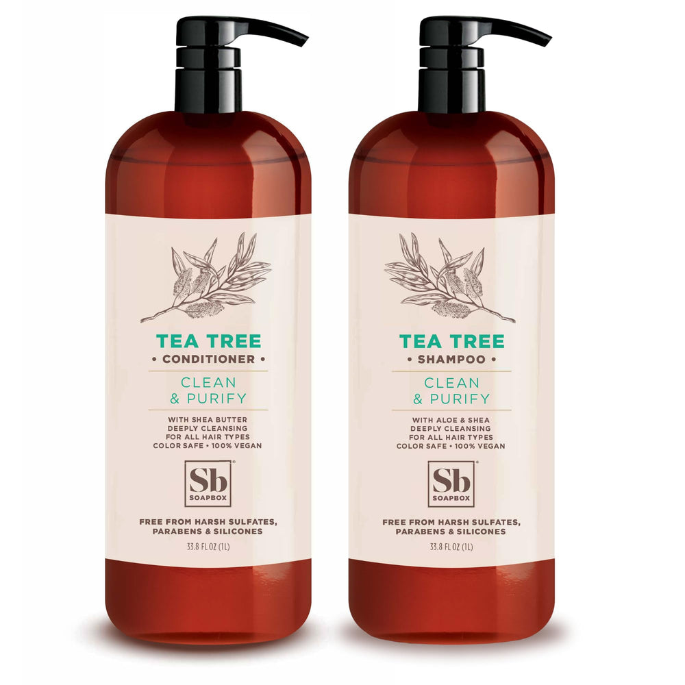 Soapbox Tea Tree Shampoo y Acondicionador: vertido suave para una limpieza fresca del cuero cabelludo.