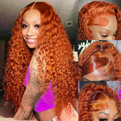 Peluca SOEZ 26p frontal de encaje transparente con jengibre naranja y ondas profundas, aspecto natural.