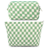 SOIDRAM bolsa maquillaje grande con cuadros verdes, vista frontal útil para viaje.