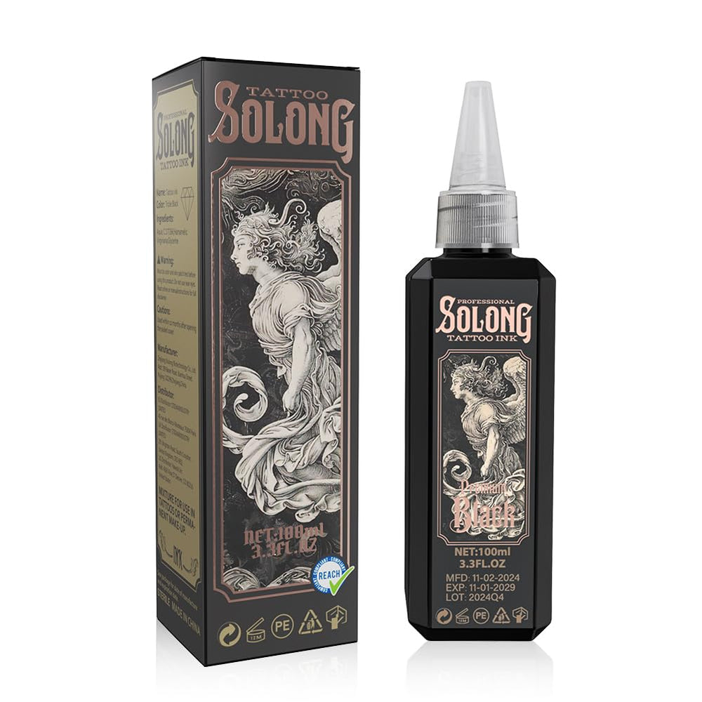 Solong Tattoo Serie S 3.4oz, botella frontal con flujo suave para delineado claro.