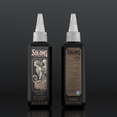 Solong Tattoo Serie S 3.4oz, etiqueta del producto destacando pigmento negro profesional.