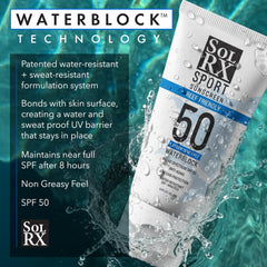 SolRX SPORT SPF 50, absorción rápida para entrenamientos sin interrupciones.