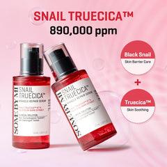 Etiqueta destaca Snail Truecica y mucina de caracol para cuidado suave.
