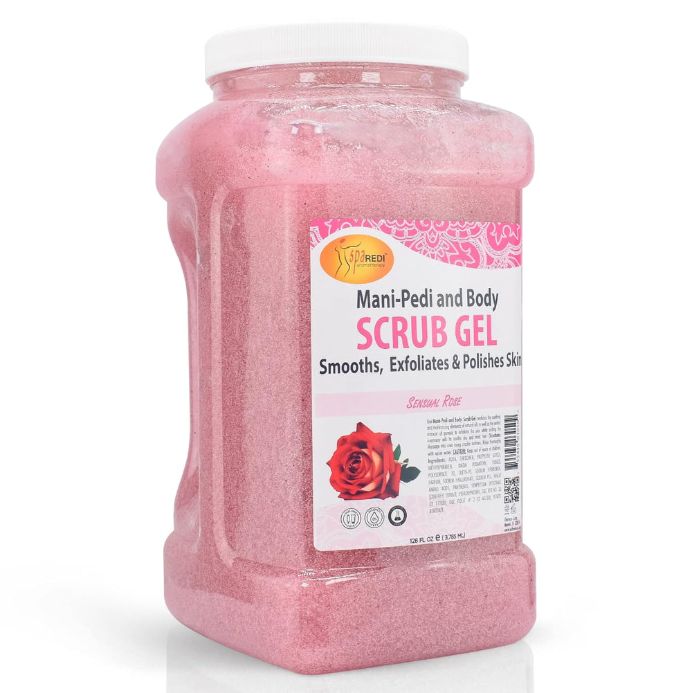 Gel gommant rose Spa Redi, bouteille 128 oz, exfolie en douceur et hydrate.