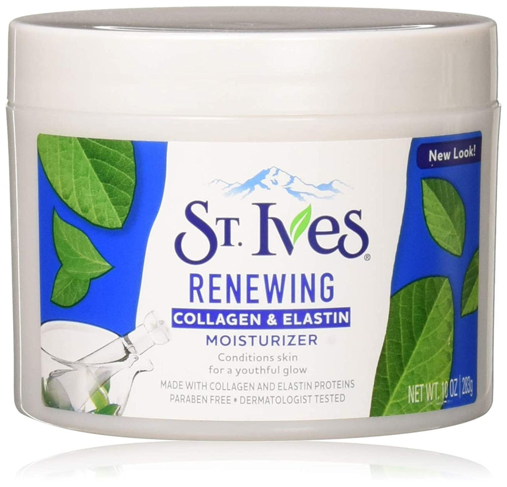 Hidratante St. Ives renovador con colágeno y elastina, dos frascos de 10 onzas para cuidado diario.