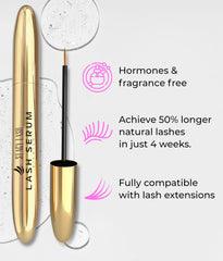 Stacy Lash Serum, pestañas naturales fortalecidas con biotina y péptidos.