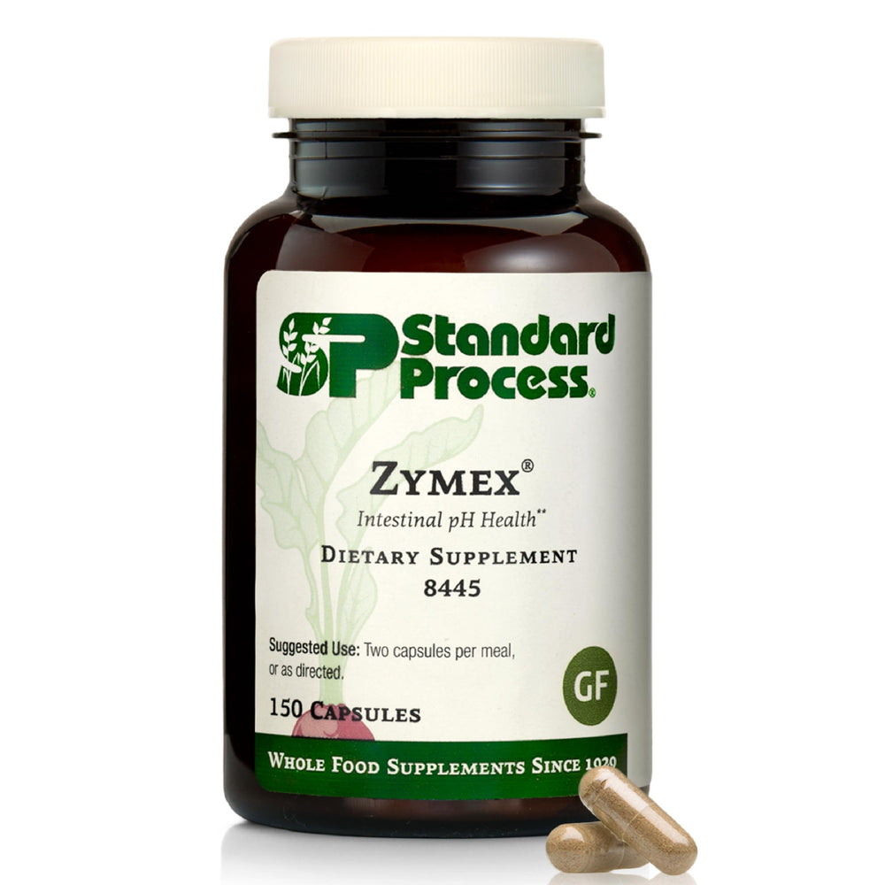 Standard Process Zymex: bouteille et étiquette pour une routine digestive saine.