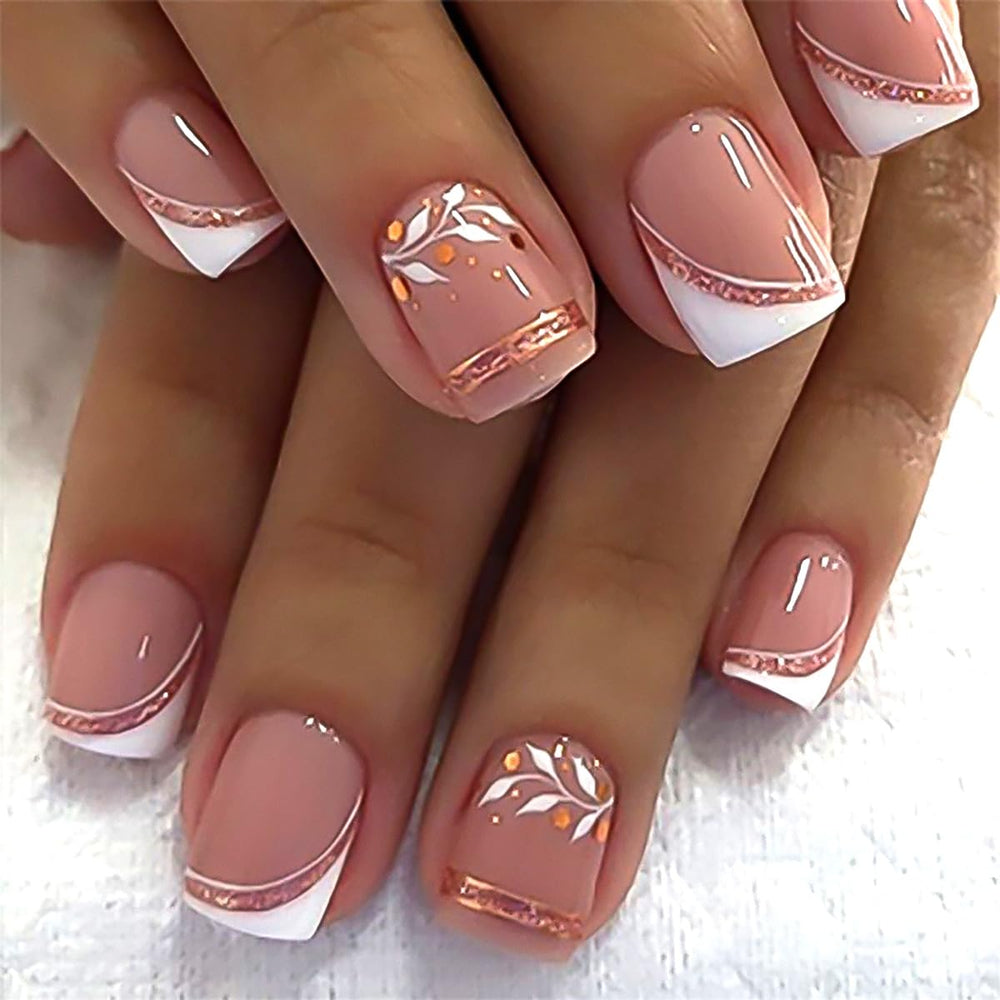Uñas STBISEN pegables corto-cuadrado nude con líneas moradas y doradas para un look sofisticado.