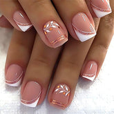 Uñas STBISEN pegables corto-cuadrado nude con líneas moradas y doradas para un look sofisticado.