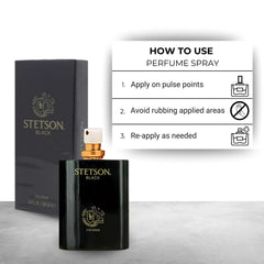Stetson Black spray on wrist demonstrates quick scent touch-up.