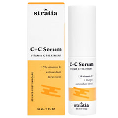 Stratia C+C Serum bottle closeup shows potent vitamin C formula for brightening potential.