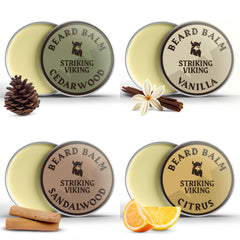 Striking Viking bálsamo para barba, conjunto de 4 latas con aroma cítrico para peinado diario.