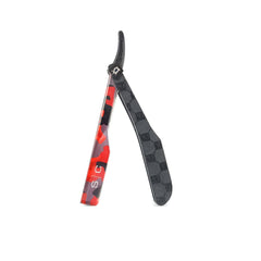 StyleCraft navaja barbero camo rojo sin hoja, ideal para pruebas de afeitado.