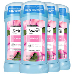 Desodorante Suave para mujer polvo en caja 4-pack, sin manchas en ropa.