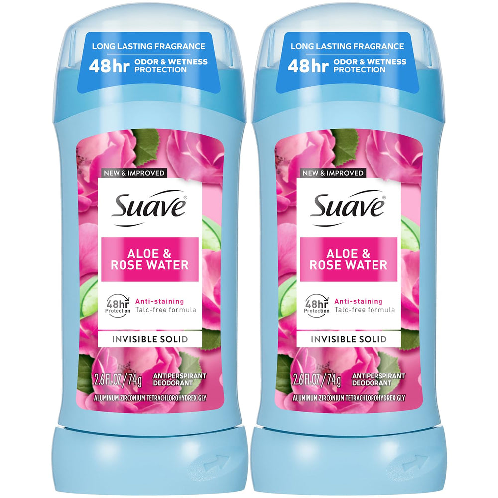 Suave Desodorante para Mujeres Aloe y Rosas, barra invisible que evita manchas y dura todo el día.