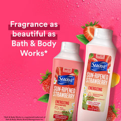Suave acondicionador energizante con fresa en botella, cabello suave.