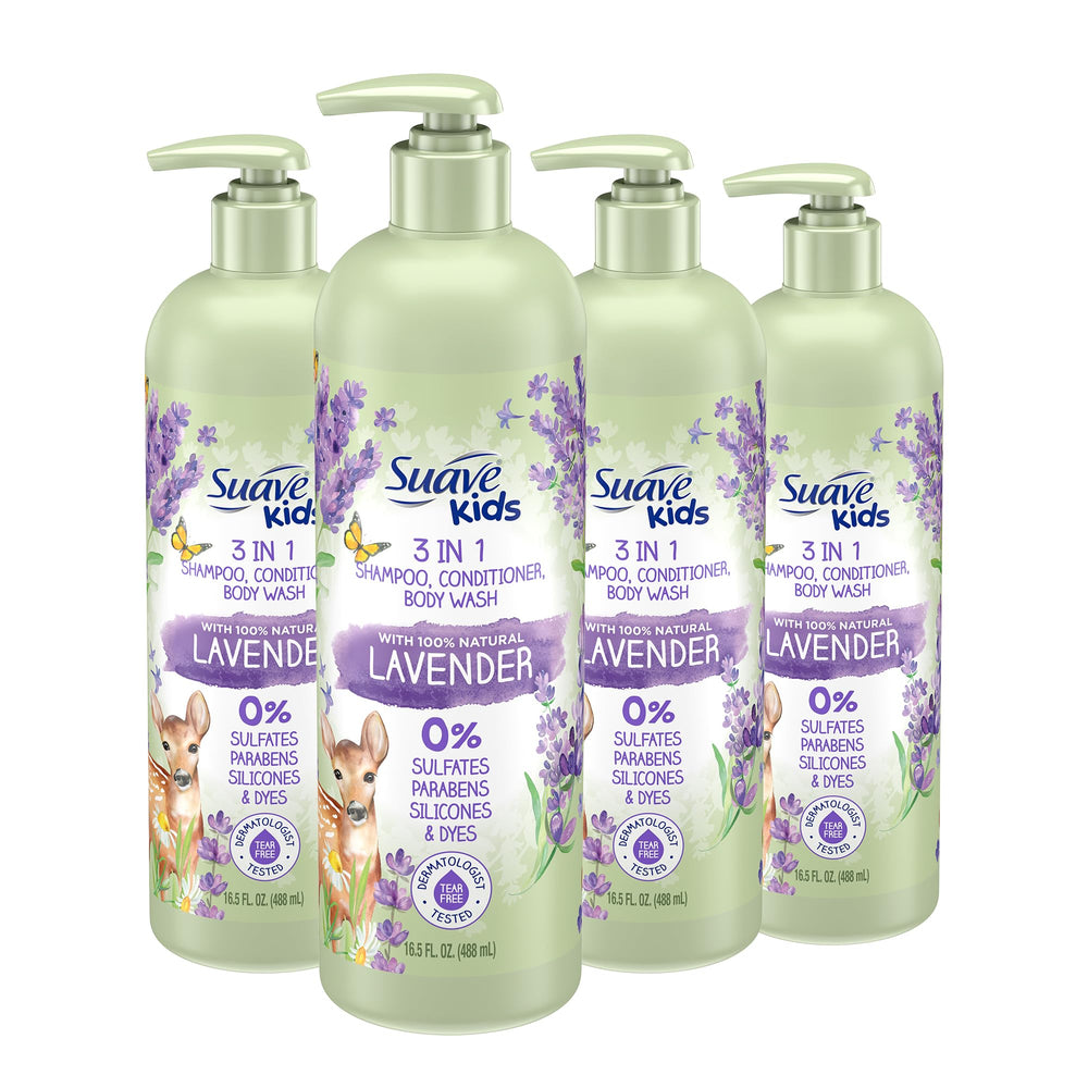 Suave Kids Lavanda Natural 3en1, botella, aroma suave para baño relajante.