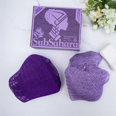 SubSahara esponja de red africana, detalle de nudos, exfoliación suave para piel sensible.