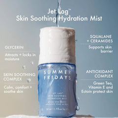 Close-up of Summer Fridays Jet Lag Mist spritz delivering cooling hydration.