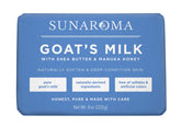 SUNAROMA Jabón de leche de cabra 8oz, muestra una barra suave para piel sedosa.