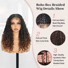 Suntefic peluca trenzas boho con cabello humano mezclado para look realista.