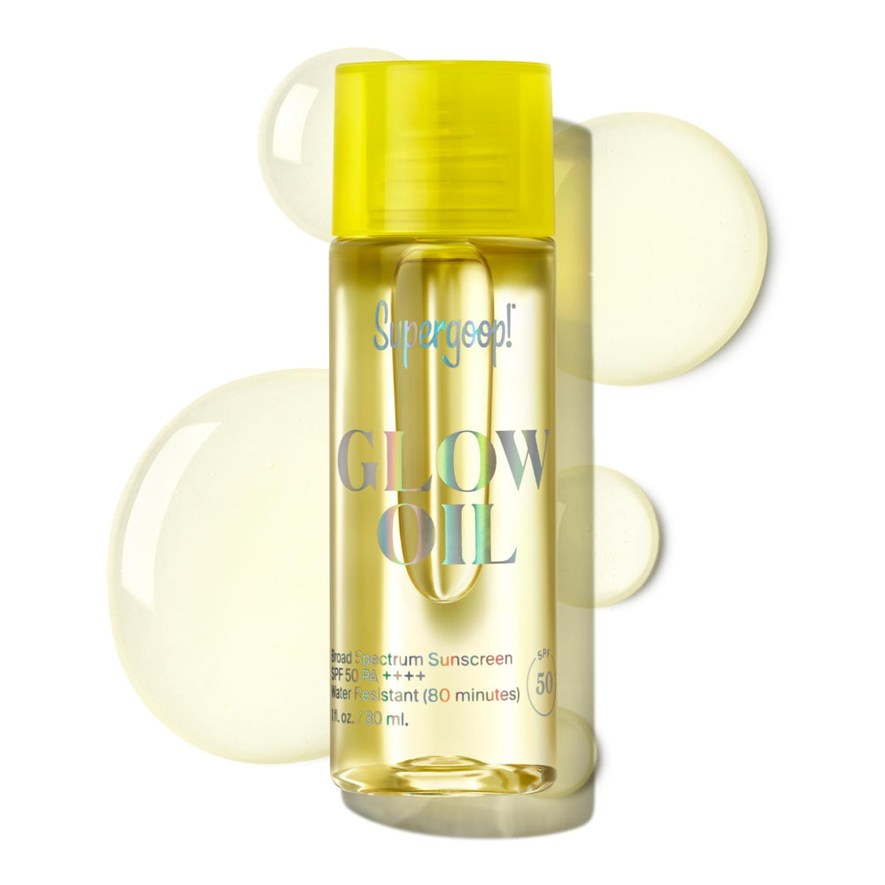 Glow Oil de Supergoop! en botella y aplicación suave para piel radiante.
