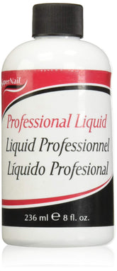 SuperNail Líquido para Uñas, vista frontal de la botella, adhesión duradera para uñas acrílicas.