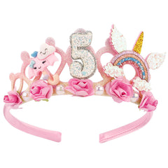 SuPoo diadema 5º cumpleaños con flores rosas, ideal para fotos.