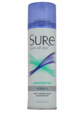 Sure desodorante aerosol sin fragancia, empaque de 6 unidades para uso diario.