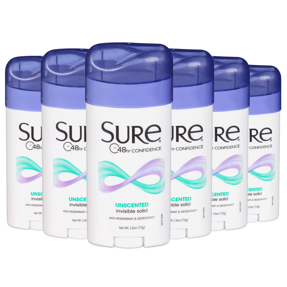 Sure desodorante antiperspirante sólido sin fragancia en paquete de 6 para protección diaria.