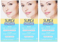 Paquete de tres tubos de Surgi-cream para depilar la cara en casa.