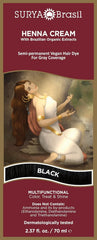 Surya Brasil Henna Cream frasco negro para coloración suave y acondicionamiento.