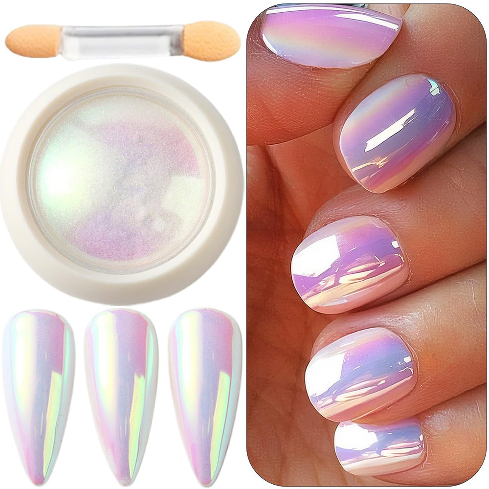 SUTOZMIWE Polvo unicornio holográfico para uñas con acabado iridiscente, perfecto para efectos espejo.