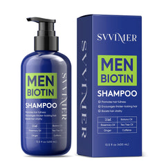 Svvimer champú para hombres, botella en estante, limpieza suave y revitalizante.
