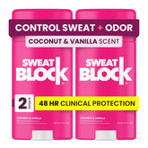 SweatBlock desodorante para mujer en botella con fragancia coco-vainilla para uso diario.