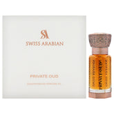 Swiss Arabian Private Oud, botella de lujo, aroma duradero para ocasiones especiales.