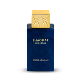 Frasco dorado de Swiss Arabian Shaghaf Oud Azraq, lujo para ocasiones especiales.