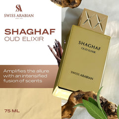Shaghaf Oud Elixir, detalle de rosas y oud para seducción sutil.