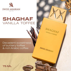Swiss Arabian Shaghaf Vanilla Toffee, frasco detalle, notas cálidas de vainilla y café.