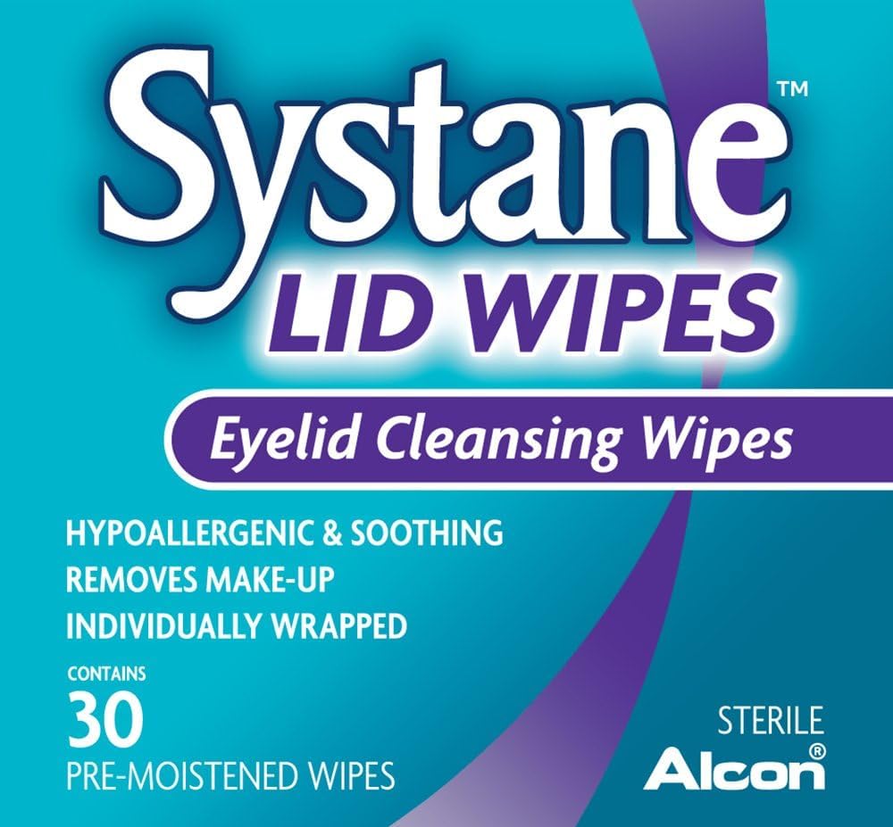 Paquete cerrado de Systane Lid Wipes para limpieza suave de párpados en casa.