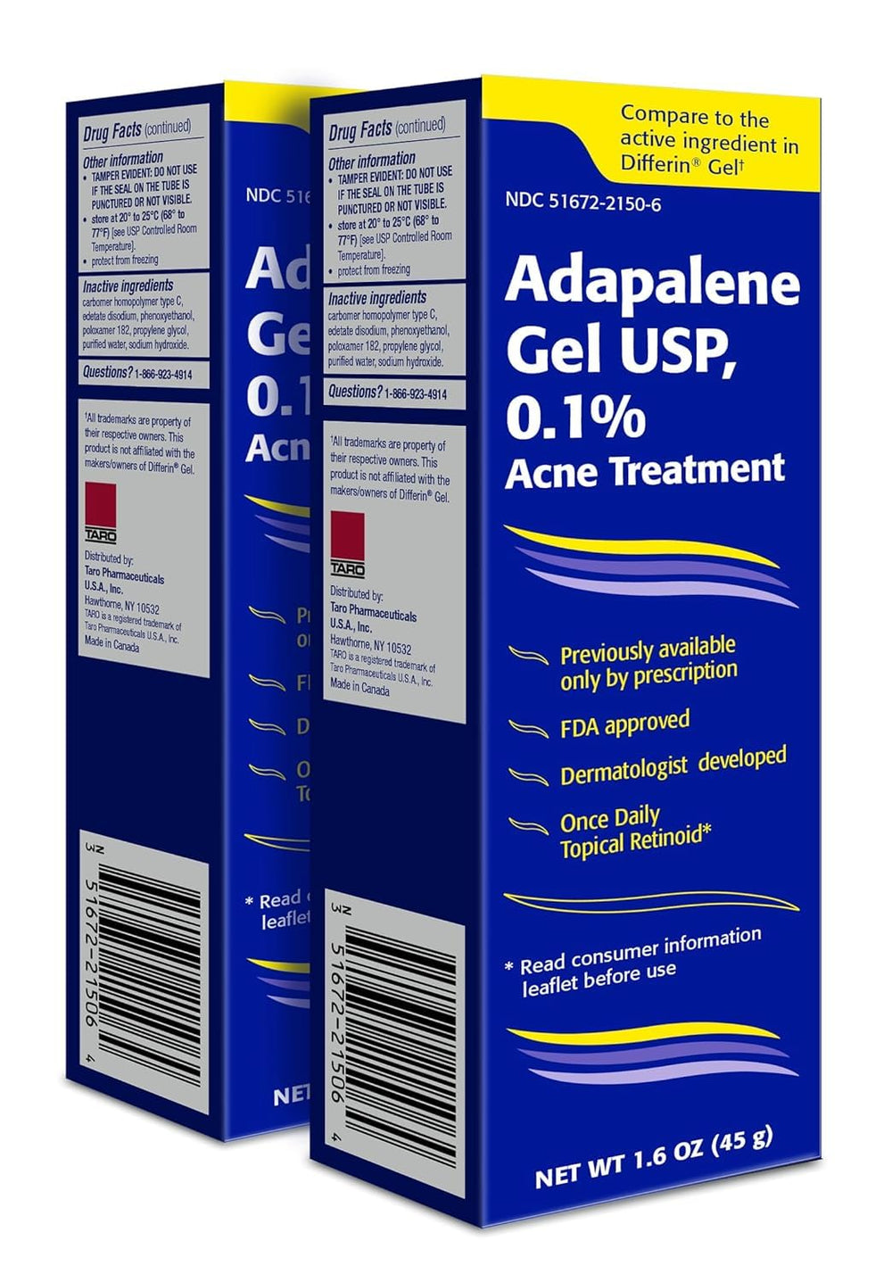 TARO Adapalene gel envase, cuidado suave para piel sensible.